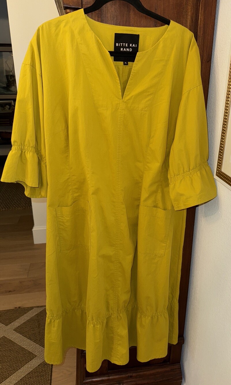 Bitte Kai Rand Designer Paper Poplin Shift Dress XL Oversize Chartreuse Cotton